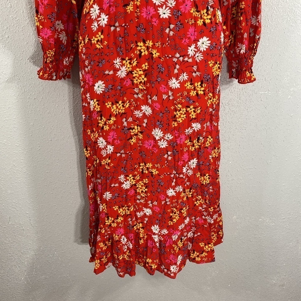 Oliver Bonas Floral Print & Frilled Bib Trim Red Midi Dress 2 EE29 - Picture 7 of 16